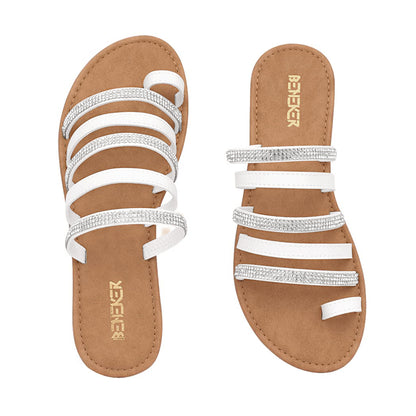 Women's Toe Ring Rhinestone Strappy Flats Casual Summer Beach  Slide Sandals