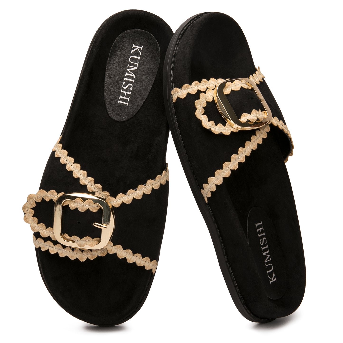 Womens Suede Gold Buckle Slide Sandals Boho-Chic