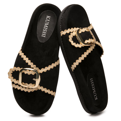 Womens Suede Gold Buckle Slide Sandals Boho-Chic