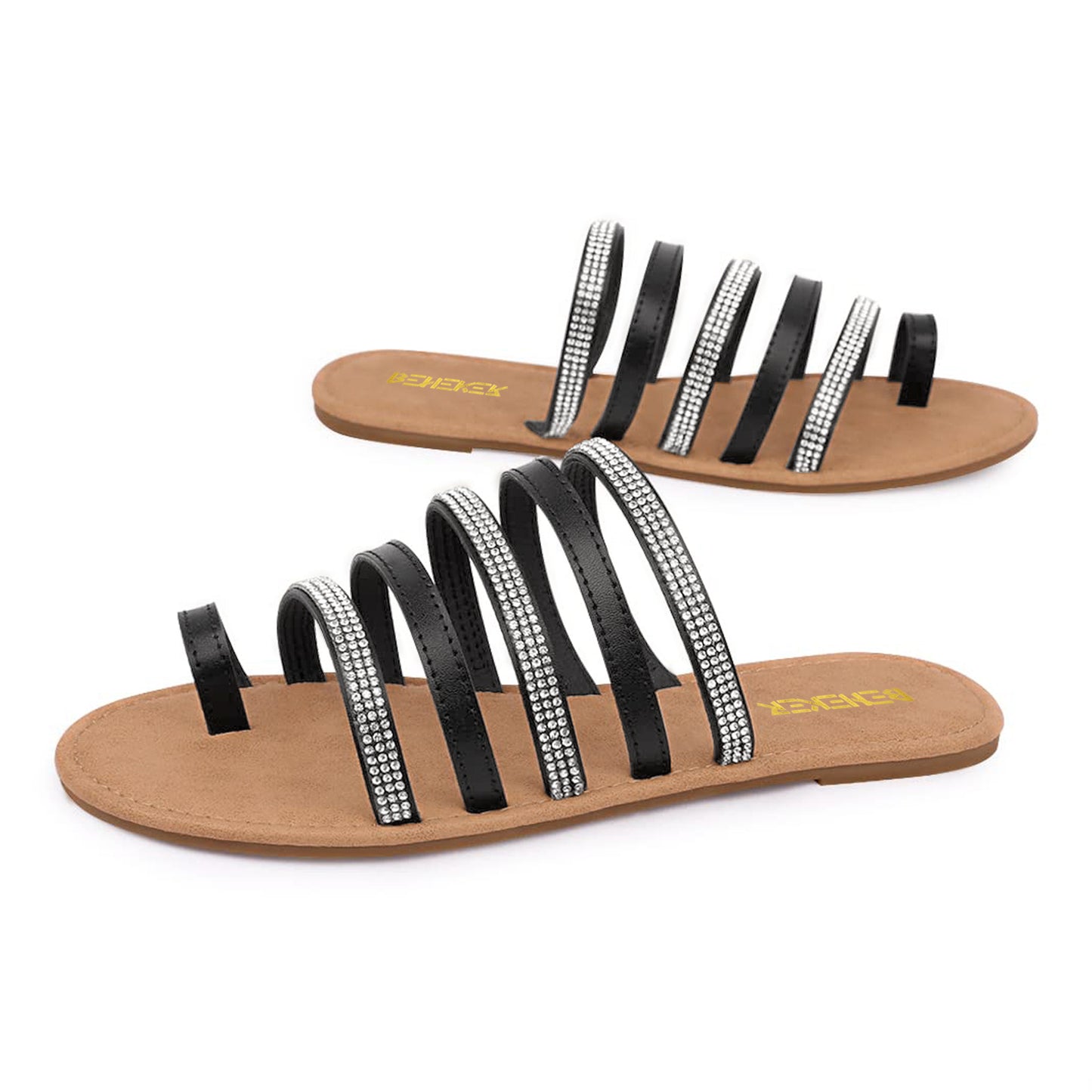 Women's Toe Ring Rhinestone Strappy Flats Casual Summer Beach  Slide Sandals