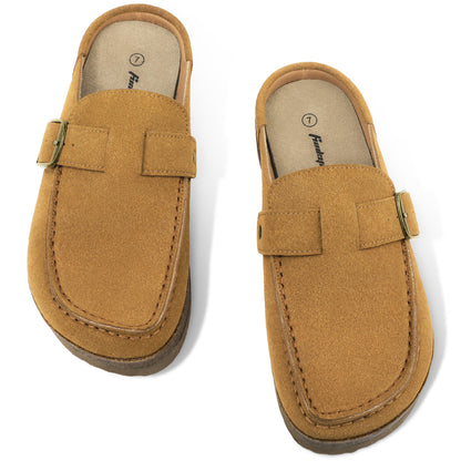 FunkyMonkey Women Suede Mules Low Block Heel Cork Footbed Casual Shoes