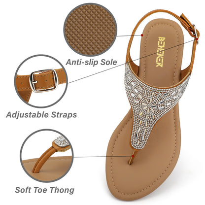 Women Rhinestone T-Strap Thong Flat Sandals Adjustable Buckle Ankle Strap Summer Beach Shoes