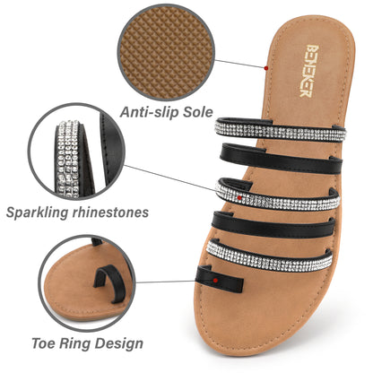Women's Toe Ring Rhinestone Strappy Flats Casual Summer Beach  Slide Sandals