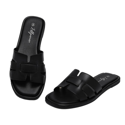 Women's Flat Slide Sandals H-Strap Square Toe Shape Non-slip Summer Beach Shoes
