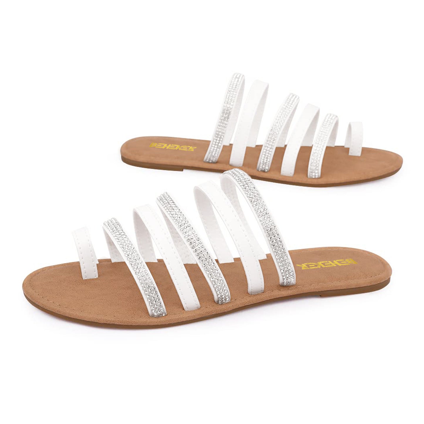 Women's Toe Ring Rhinestone Strappy Flats Casual Summer Beach  Slide Sandals