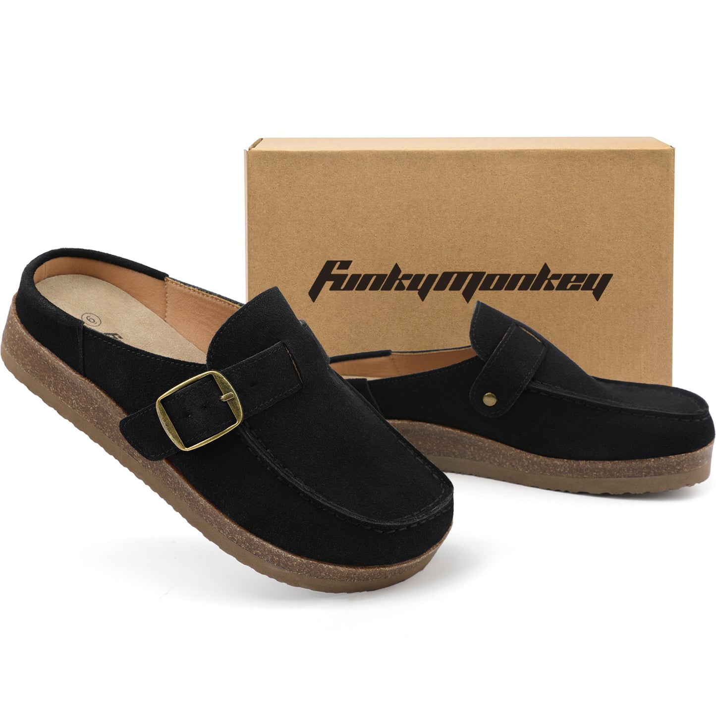 FunkyMonkey Women Suede Mules Low Block Heel Cork Footbed Casual Shoes