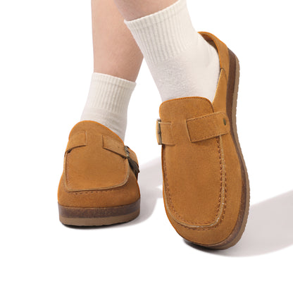 FunkyMonkey Women Suede Mules Low Block Heel Cork Footbed Casual Shoes