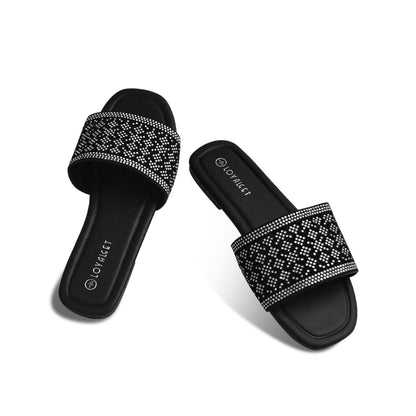 Funkymonkey Womens Rhinestone Flat Sandals Non Slip TPR Sole Slides